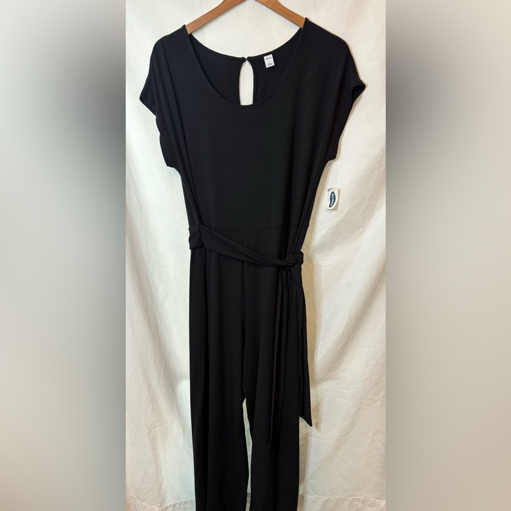 NWT Old Navy Women's Jumpsuit Size Lg Black Solid Short Sleeve Tie Wide Leg Crop